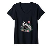 Womens Charming Badger Among Wildflowers and Forest Foliage V-Neck T-Shirt