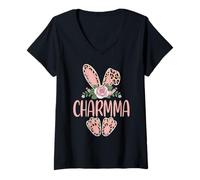 Women's CHARMMA Cute Leopard Bunny Ears Floral Easter V-Neck T-Shirt