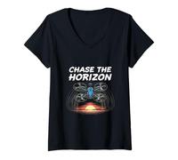 Womens Chase The Horizon Sunset Flight FPV Exploration Drone V-Neck T-Shirt