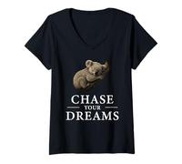 Womens Chase Your Dreams Sleeping Koala Inspiring Quote Pajama V-Neck T-Shirt