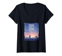 Womens Chasing Firefly Dreams Whimsical Night Sky Scene V-Neck T-Shirt
