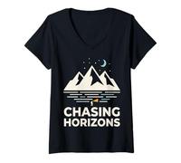 Women's Chasing Horizons Night Hiking Mountain Moon Stars V-Neck T-Shirt