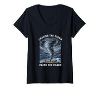 Womens Chasing The Storm Catch The Chaos Tornado Hunter Fan V-Neck T-Shirt