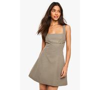 Womens Check Herringbone Square Neck Tailored Buckle Detail Mini Dress - Brown - 16, Brown