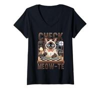 Women's Check Meow-Te Siamese Cat Chess Master Feline Player V-Neck T-Shirt