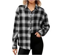 Women's Check Shirt,Plaid Long Sleeve Lapel Button Down Tartan Flannel Shirts with Pocket,Ladies Office Work Blouses Fall Winter Casual Loose Lightweight Jackets Boyfriend Tops Coats Size S-XXL