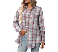 Women's Check Shirt,Plaid Long Sleeve Lapel Button Down Tartan Flannel Shirts with Pocket,Ladies Office Work Blouses Fall Winter Casual Loose Lightweight Jackets Boyfriend Tops Coats UK Size S-XXL