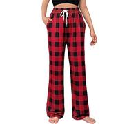 Women's Check Woven Pyjamas Bottoms Flannel Pj Bottoms Stretch Pyjamas for Women Pajama Pants Winter Pyjamas for Women Checked Printed Plaid Pants Ladies Fleece Pyjamas Pj Bottoms Pants Sleep (Red, S)