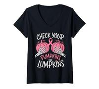 Womens Check Your Pumpkins for Lumpkins Breast Cancer V-Neck T-Shirt