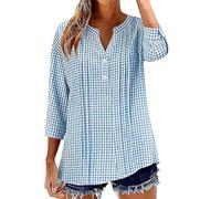Women's Checked Blouse Cotton Linen Gingham Shirts for Women UK 3/4 Sleeve Classic Plaid Shirt Casual V Neck Button UP Ladies Blouses Tops Loose Fit Flannel Shirt Fashion Gauze Shirts Tunic