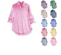 Women's Checked Blouse Gingham Shirts for Women UK Plaid Shirt Long-Sleeved Blouse Button Up Ladies Oversized Checked Shirts Linen Tops Loose Fit Fashion Casual Plus Size Checkered Shirt with Pocket