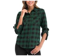 Women's Checked Blouse, Gingham Shirts for Women UK Plaid Shirt Long-Sleeved Blouse Button Up Shirts Ladies Linen Tops Loose Fit with Pocket Dark Green XXL