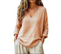 Women's Checked Blouse Tops Cotton Blend Gingham Long Sleeve Tunic Blouses Casual V Neck Plaid Oversized T-Shirts Ladies Classic Lightweight Work Office Gauze Tee Shirts for Summer Everyday Wear