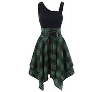 Women's Checked Dress Summer One Shoulder Dress Short Sleeveless Party Dress Casual Cocktail Dress Evening Dress Elegant Cosplay Clothing Medieval Cocktail Dress Summer Dress Patchwork Pirate Dress