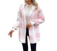 Women's Checked Fleece Jacket with Hood Outdoor Wool Coat Women's Long Elegant Winter Coat Warm Lined Casual Jacket Loose Knitted Jumper Winter Warm Fleece Jumper Knitted Cardigan, pink, XXL