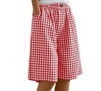 Womens Checked Gingham Shorts Summer Plaid Elastic Waist Casual Loose Bermuda Shorts Faux Cotton Linen Straight Wide Leg Pull On Half Pants Pockets Running Walking Vacation Trousers