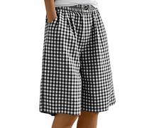 Womens Checked Gingham Shorts Summer Plaid Elastic Waist Casual Loose Bermuda Shorts Faux Cotton Linen Straight Wide Leg Pull On Half Pants Pockets Running Walking Vacation Trousers