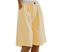 Womens Checked Gingham Shorts Summer Plaid Elastic Waist Casual Loose Bermuda Shorts Faux Cotton Linen Straight Wide Leg Pull On Half Pants Pockets Running Walking Vacation Trousers