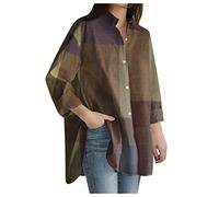 Women's Checked Long Blouse Large Sizes Linen Tops with Buttons Shirt Loose Spring Summer Shirt Casual Long Sleeve Shirt Checked Shirt Blouse Shirt Elegant T-Shirts Plus Size Tunic Blouse, khaki,