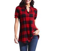 Women's Checked Oversize Shirt Blouse Women's Checked T-Shirts Short Sleeve Checked Blouse Cotton Shirt Blouse V-Neck Plaid Shirt for Spring and Summer Tops Tunic Tops, red, Large
