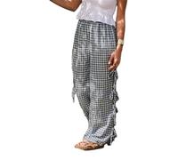 Women's Checked Palazzo Trousers Side Slit Wide Leg Trousers Loose Stripe Gingham Pants Check Side Hollow Tie Bow Lastic Waist Straight Trousers Casual Trousers Lounge Trousers Streetwear