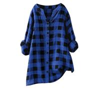 Womens Checked Shirts Long Sleeve Plaid Shirt Oversized V Neck Button Down Blouse Vintage Plaid Printed Roll Up Shirts Lightweight Comfy Check Blouses Top(Dark Blue,5XL)
