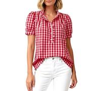 Womens Checked Shirts UK Women's Summer Gingham Blouse Henley Ruffle V Neck Button Down Puff Sleeve Casual Work Office T Shirt 2026 Spring Summer Vintage Checkered Top
