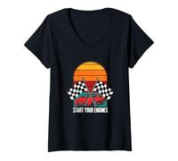 Women's Checkered Flag Racing Lover Racing Car Start Your Engines V-Neck T-Shirt