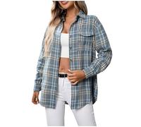 Women's Checkered Plaid Shirt,Lapel Button Long Sleeve Shirts with Pocket Flannel Blouses for Layering,Ladies Office Work Cozy Tartan Jackets,Fall Winter Casual Loose Tops Coats UK Size S-XXL