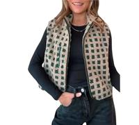 Womens Checkered Sherpa Vests,Winter Fleece High Neck Zip Up Gilet,Sleeveless Fall Plaid Windbreaker with Chest Pocket