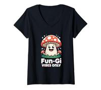 Women's Cheerful Mushroom Mascot, Fun-Gi Vibes Only V-Neck T-Shirt