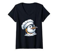Women's Cheerful Penguin Chef in Cooking Humor Kitchen V-Neck T-Shirt