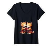 Womens Cheerful Whimsical Orange Kitties Reading Burns Night Poems V-Neck T-Shirt