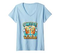Women's Cheers Taste The Weekend Happy Beer Mugs Cartoon Brew V-Neck T-Shirt