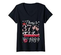 Women's Cheers to 37 Fabulous Since 1989 37th Birthday Women Girls V-Neck T-Shirt