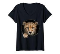 Women's Cheetah Breaking Through Torn Hole Wild Cat Graphic V-Neck T-Shirt