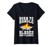 Womens Chef Born to Handle Blades and Flames Funny Cooks V-Neck T-Shirt