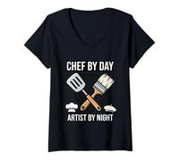 Womens Chef by Day Artist by Night Funny Creative Kitchen Cooking V-Neck T-Shirt