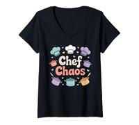 Womens Chef Chaos Kitchen Scene Pots Pans Cartoon Humor V-Neck T-Shirt