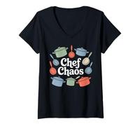 Womens Chef Chaos Kitchen Scene Pots Pans Cartoon Humor V-Neck T-Shirt