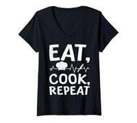 Womens Chef EAT Cook Repeat Chefs Funny Restaurant V-Neck T-Shirt