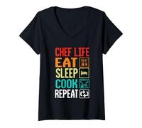 Women's Chef Life Eat Cook Repeat Funny Cooking Chefs Lover V-Neck T-Shirt