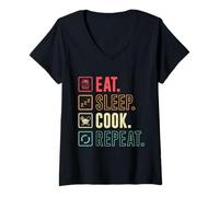 Womens Chefs EAT Sleep Cook Repeat Gastronomer Funny Restaurant V-Neck T-Shirt