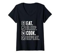 Womens Chefs EAT Sleep Cook Repeat Gastronomer Funny Restaurant V-Neck T-Shirt