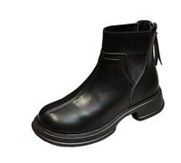 Womens Chelsea Boots Ladies Knitted Sock Booties Leather Vamp Footwear | Low Block Heel Back Zip Casual Walking Shoes Elastic Gusset Autumn Winter Fashion Daily Commuting Apparel