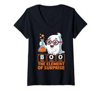 Womens Chemistry Boo The Element of Surprise Cute Chemist Halloween V-Neck T-Shirt