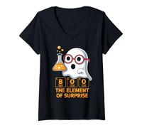 Womens Chemistry Boo The Element of Surprise Cute Chemist Halloween V-Neck T-Shirt