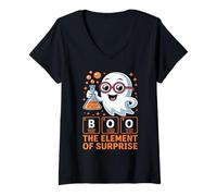Womens Chemistry Boo The Element of Surprise Cute Chemist Halloween V-Neck T-Shirt