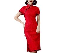 Women's Cheongsam Floral Embroidered Short Sleeve Side Slit Slim Fit Qipao Costume Chinese Mandarin Collar Long Bodycon Dress, 102# Red, L