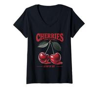 Womens Cherries A Pop of Joy Vintage Style Farm to Market V-Neck T-Shirt